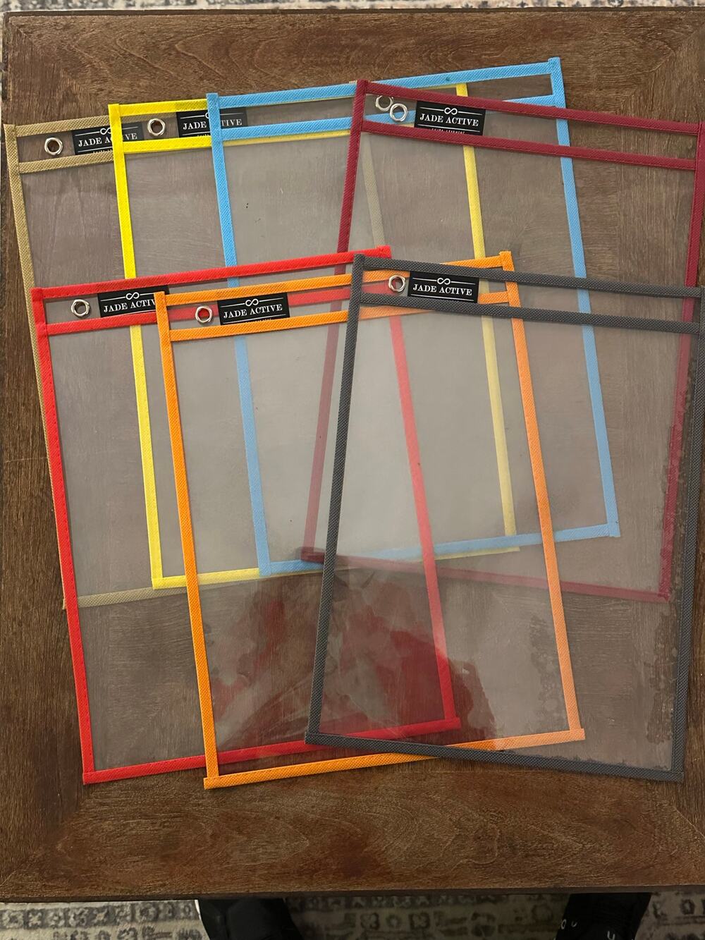 Set of 7 Dry Erase Pockets – Mixed Colors – Used – Reusable Classroom Sleeves